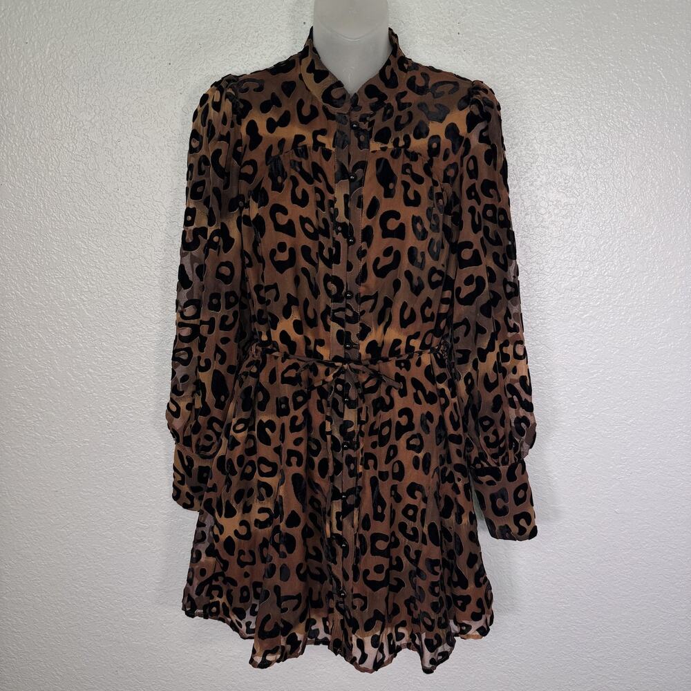 CIEBON Dress Womens XS Leopard Shirt Dress Belted Chiffon Puff Sleeve Brown NEW